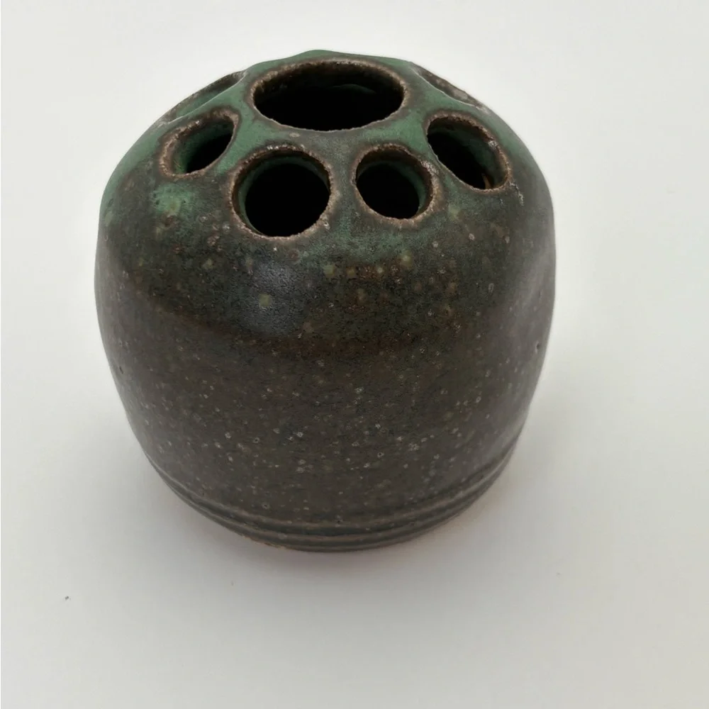 Vintage Signed Handcrafted Pottery Green and Brown Glaze Flower Frog/Vase